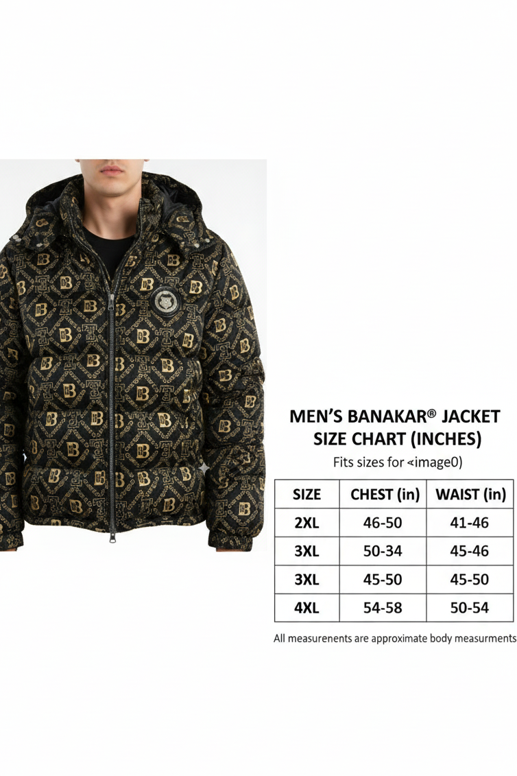 Luxury Designer-Inspired Black & Gold Printed Puffer Jacket