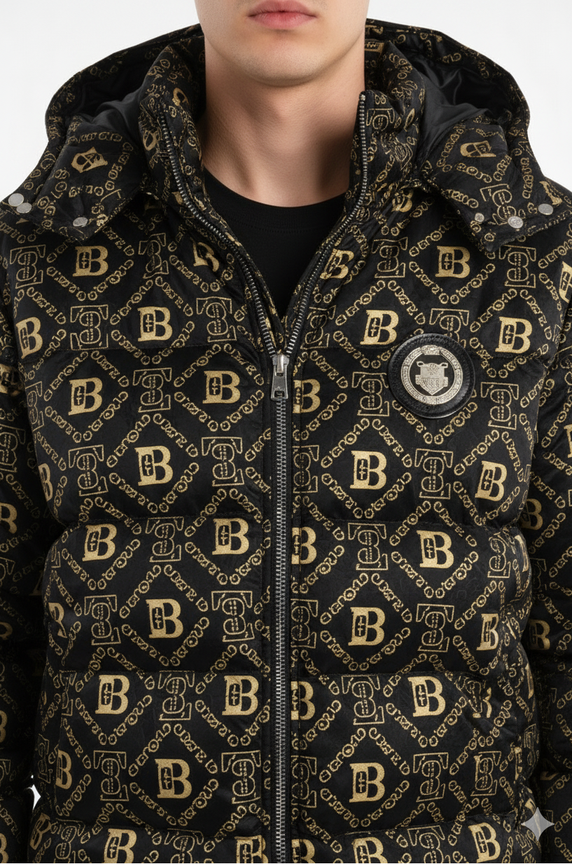 Luxury Designer-Inspired Black & Gold Printed Puffer Jacket