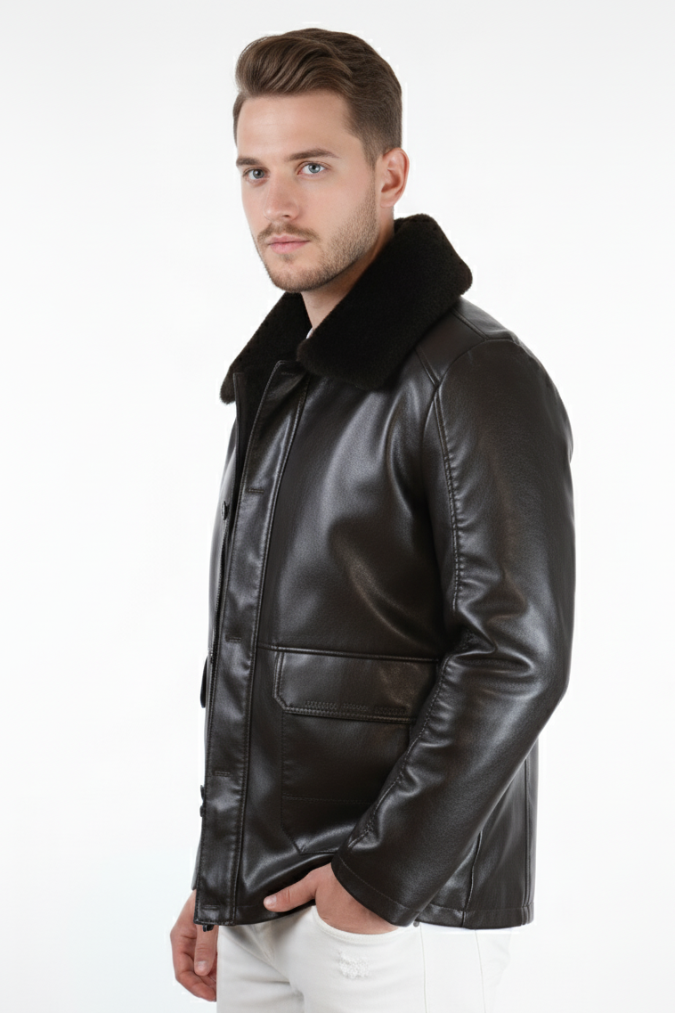 Men’s Premium Brown Leather Winter Jacket with Fur Collar