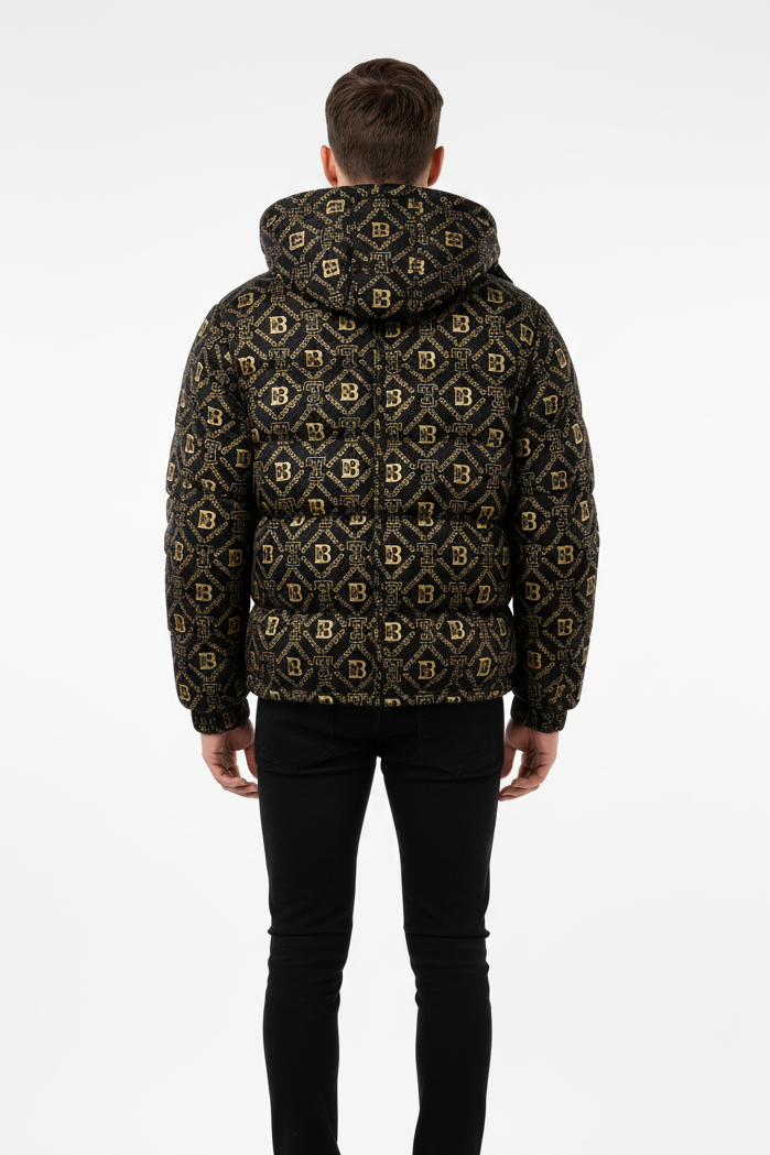 Luxury Designer-Inspired Black & Gold Printed Puffer Jacket