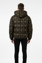 Luxury Designer-Inspired Black & Gold Printed Puffer Jacket