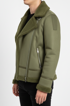 Olive Green Faux Suede Shearling Jacket – Premium Winter Biker Style