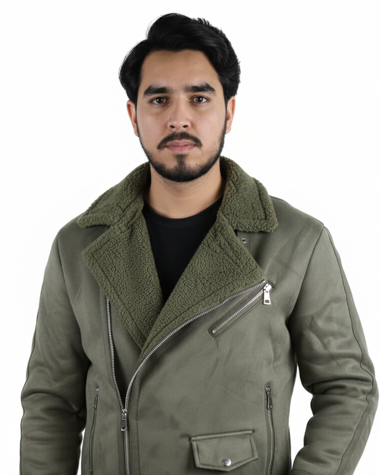 Olive Green Faux Suede Shearling Jacket – Premium Winter Biker Style