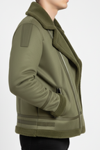 Olive Green Faux Suede Shearling Jacket – Premium Winter Biker Style
