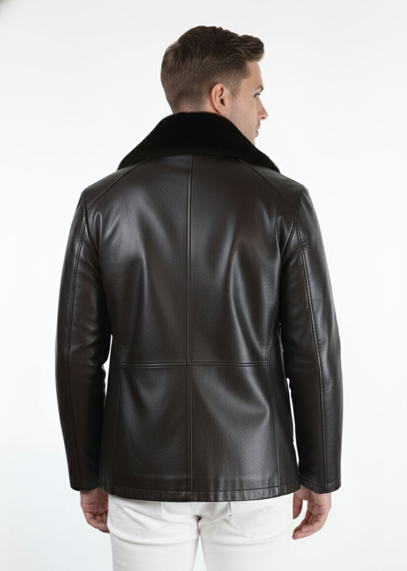 Men’s Premium Brown Leather Winter Jacket with Fur Collar
