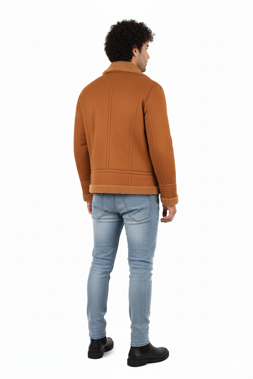 Men's Luxe Suede/Sherpa Moto Jacket - Cognac Brown Asymmetrical Biker Coat