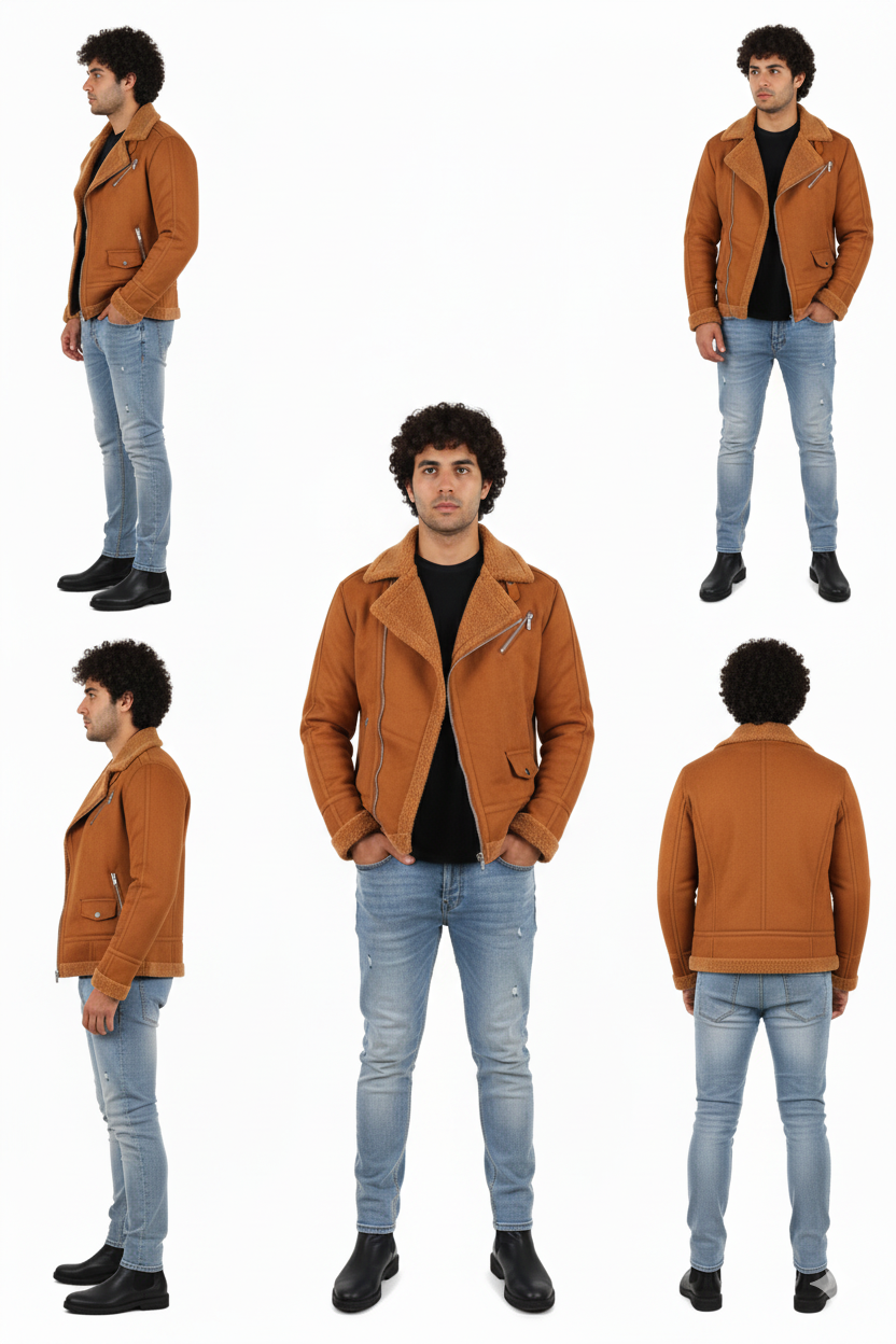 Men's Luxe Suede/Sherpa Moto Jacket - Cognac Brown Asymmetrical Biker Coat