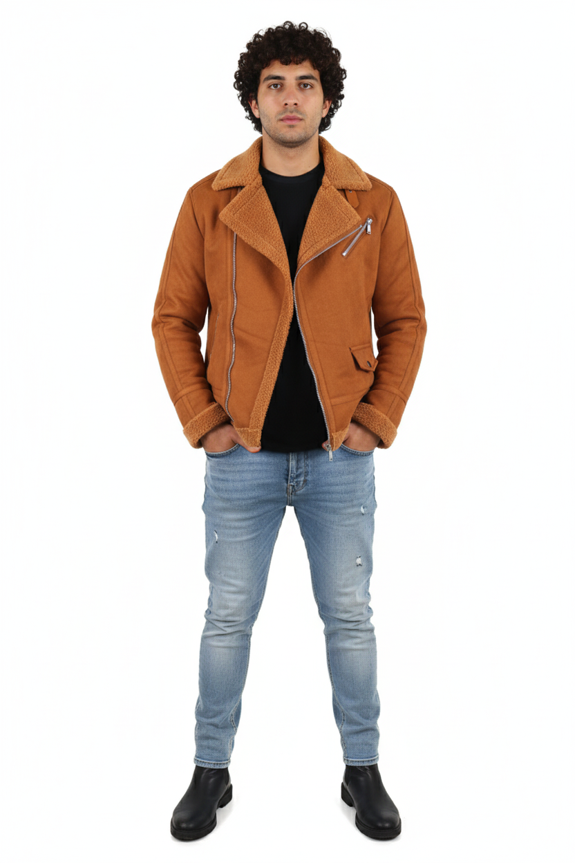 Men's Luxe Suede/Sherpa Moto Jacket - Cognac Brown Asymmetrical Biker Coat