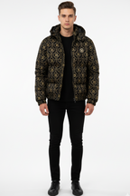 Luxury Designer-Inspired Black & Gold Printed Puffer Jacket