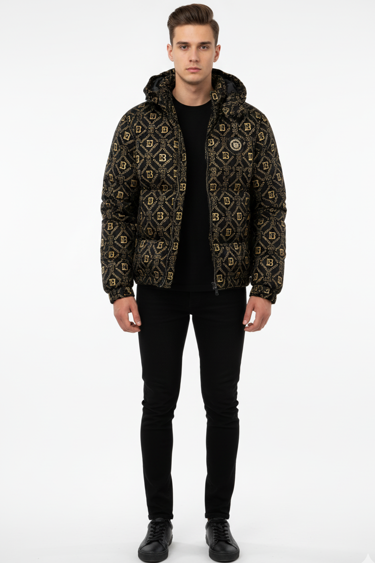 Luxury Designer-Inspired Black & Gold Printed Puffer Jacket