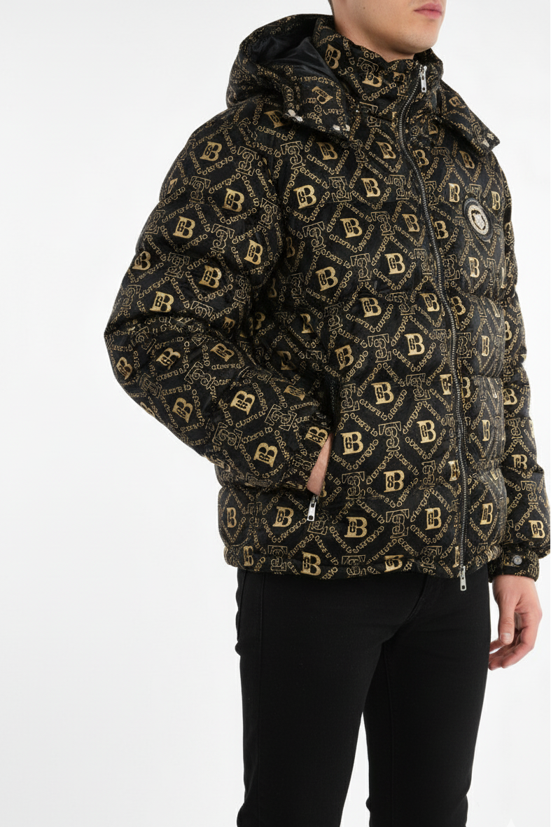 Luxury Designer-Inspired Black & Gold Printed Puffer Jacket
