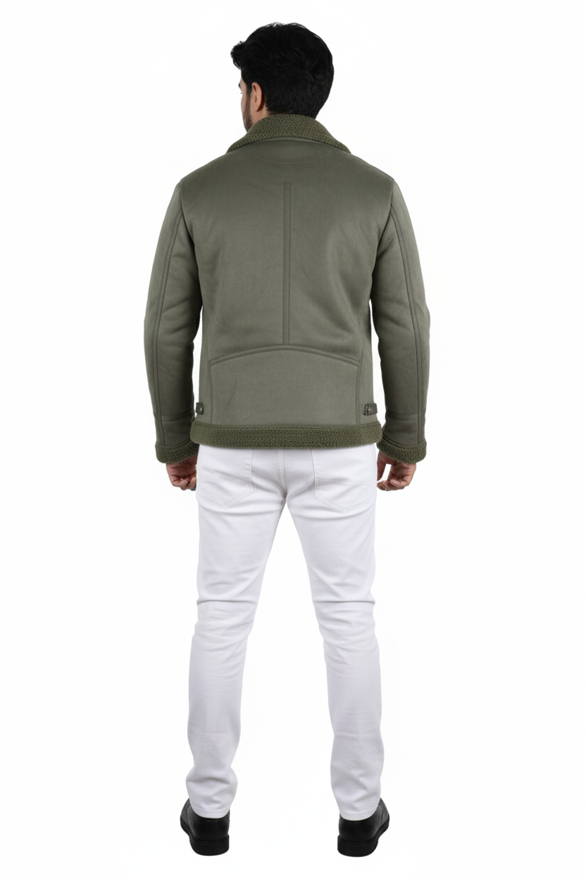 Olive Green Faux Suede Shearling Jacket – Premium Winter Biker Style