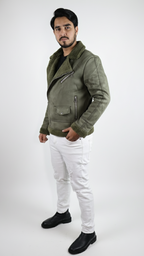 Olive Green Faux Suede Shearling Jacket – Premium Winter Biker Style