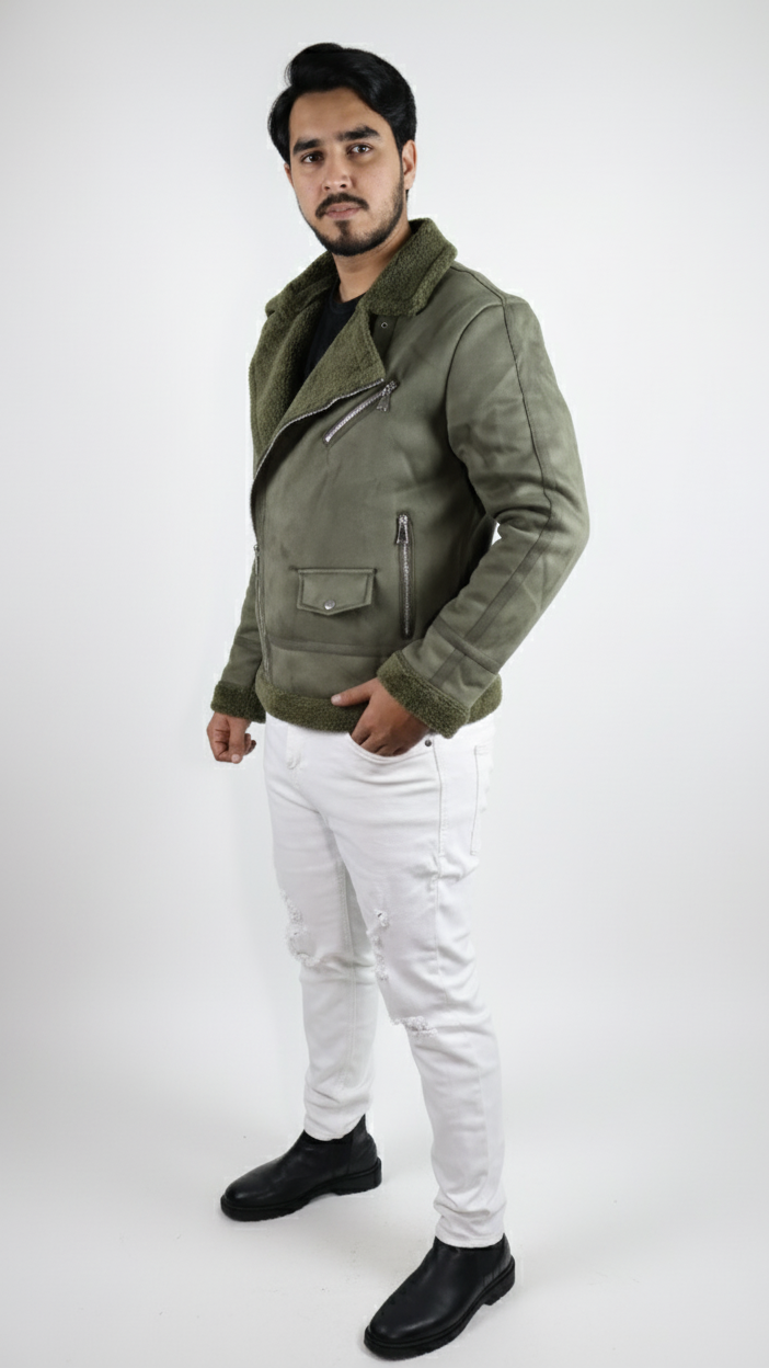 Olive Green Faux Suede Shearling Jacket – Premium Winter Biker Style