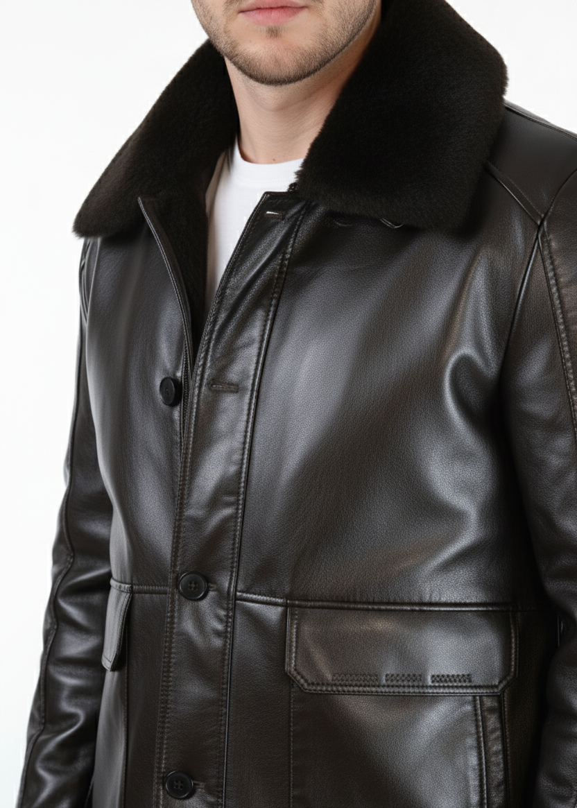 Men’s Premium Brown Leather Winter Jacket with Fur Collar