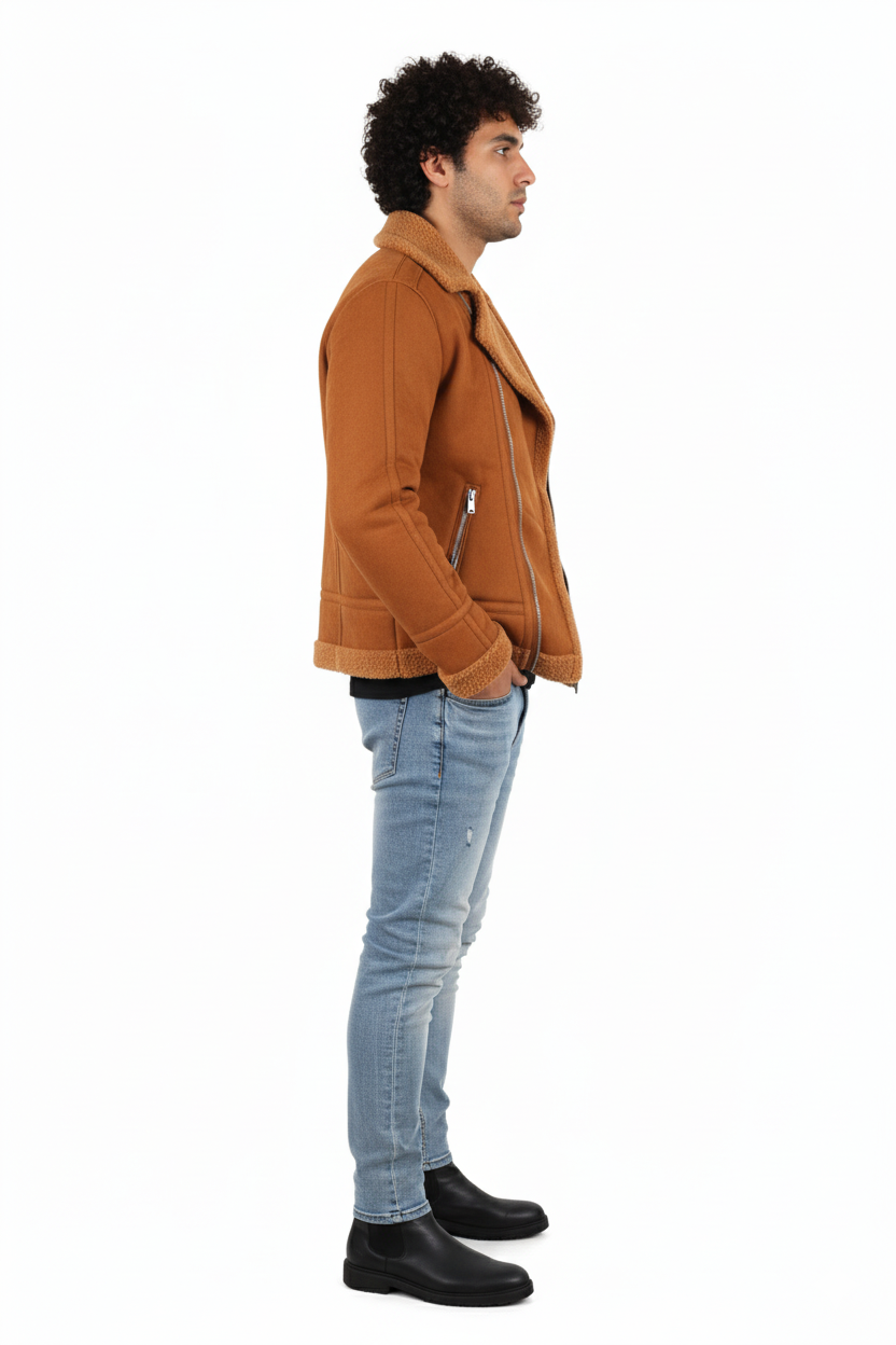 Men's Luxe Suede/Sherpa Moto Jacket - Cognac Brown Asymmetrical Biker Coat