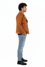 Men's Luxe Suede/Sherpa Moto Jacket - Cognac Brown Asymmetrical Biker Coat