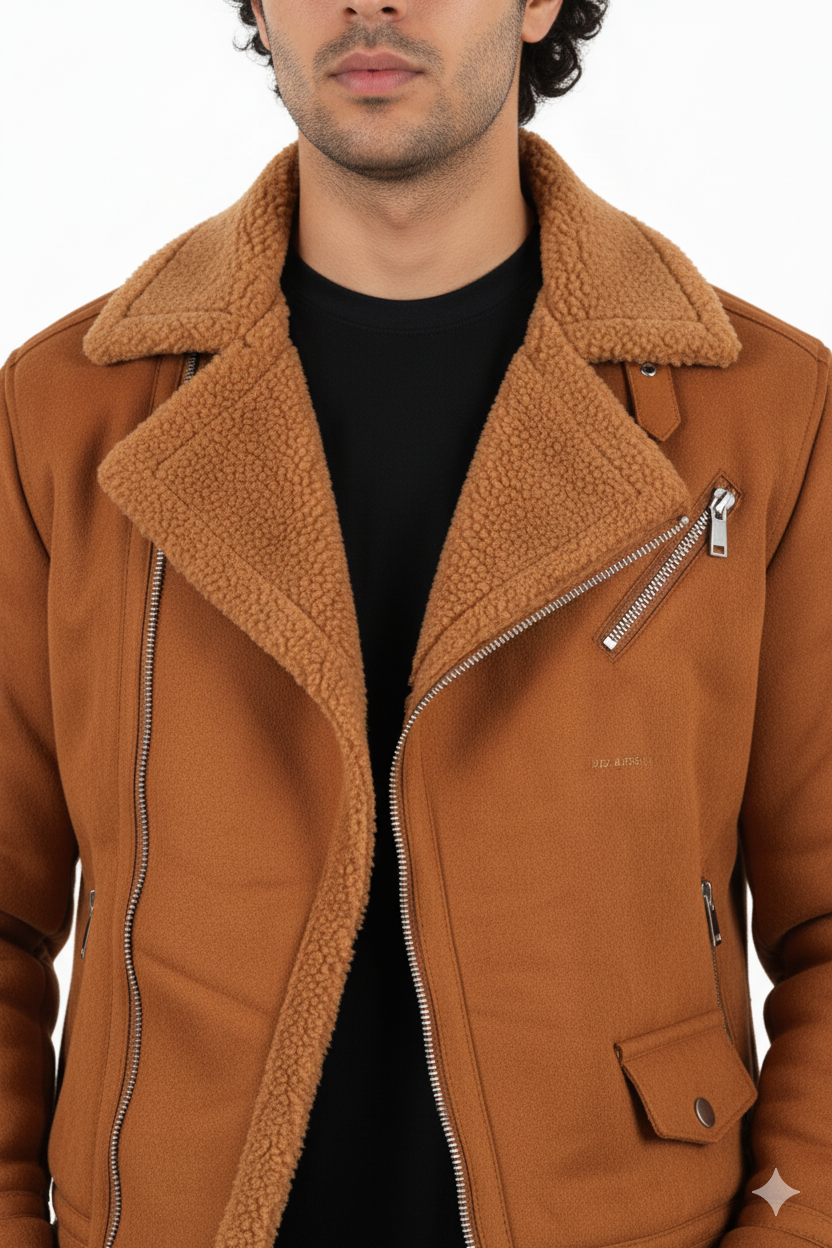 Men's Luxe Suede/Sherpa Moto Jacket - Cognac Brown Asymmetrical Biker Coat
