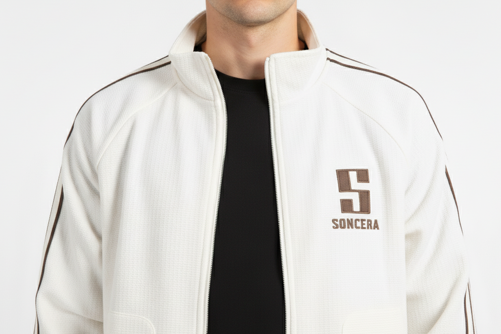 Classic White Track Jacket with Brown Detailing
