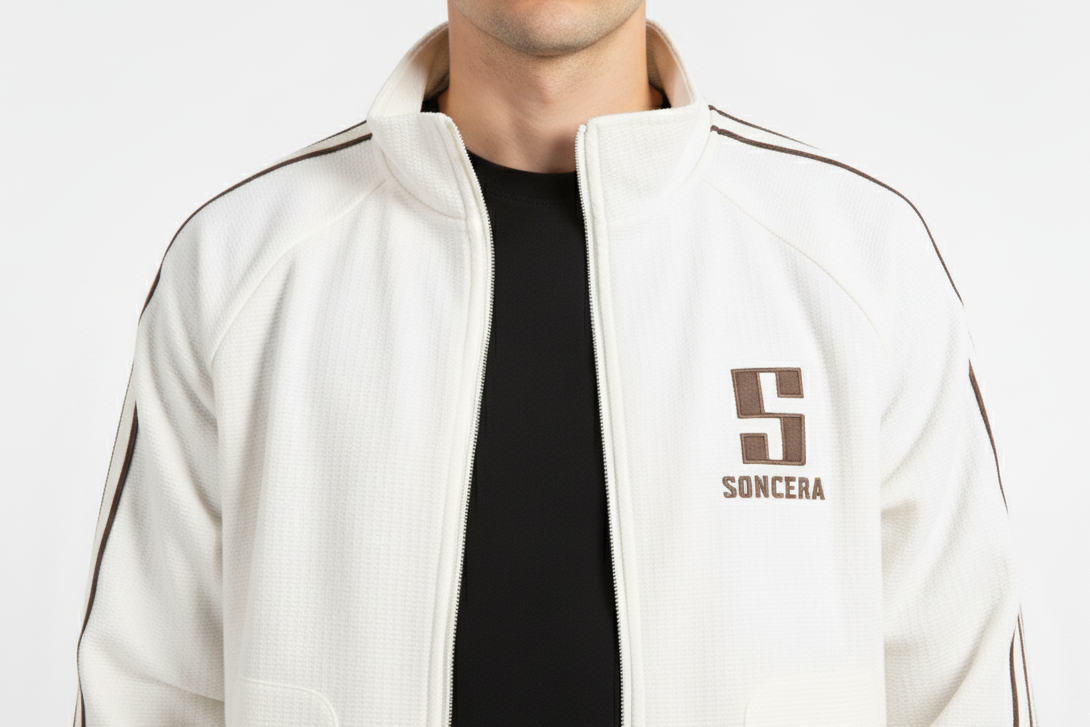 Classic White Track Jacket with Brown Detailing