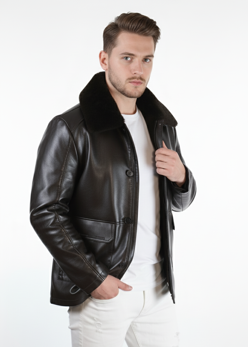 Men’s Premium Brown Leather Winter Jacket with Fur Collar